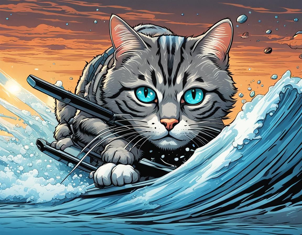 Grey tabby cat, waterskiing... Sort of!