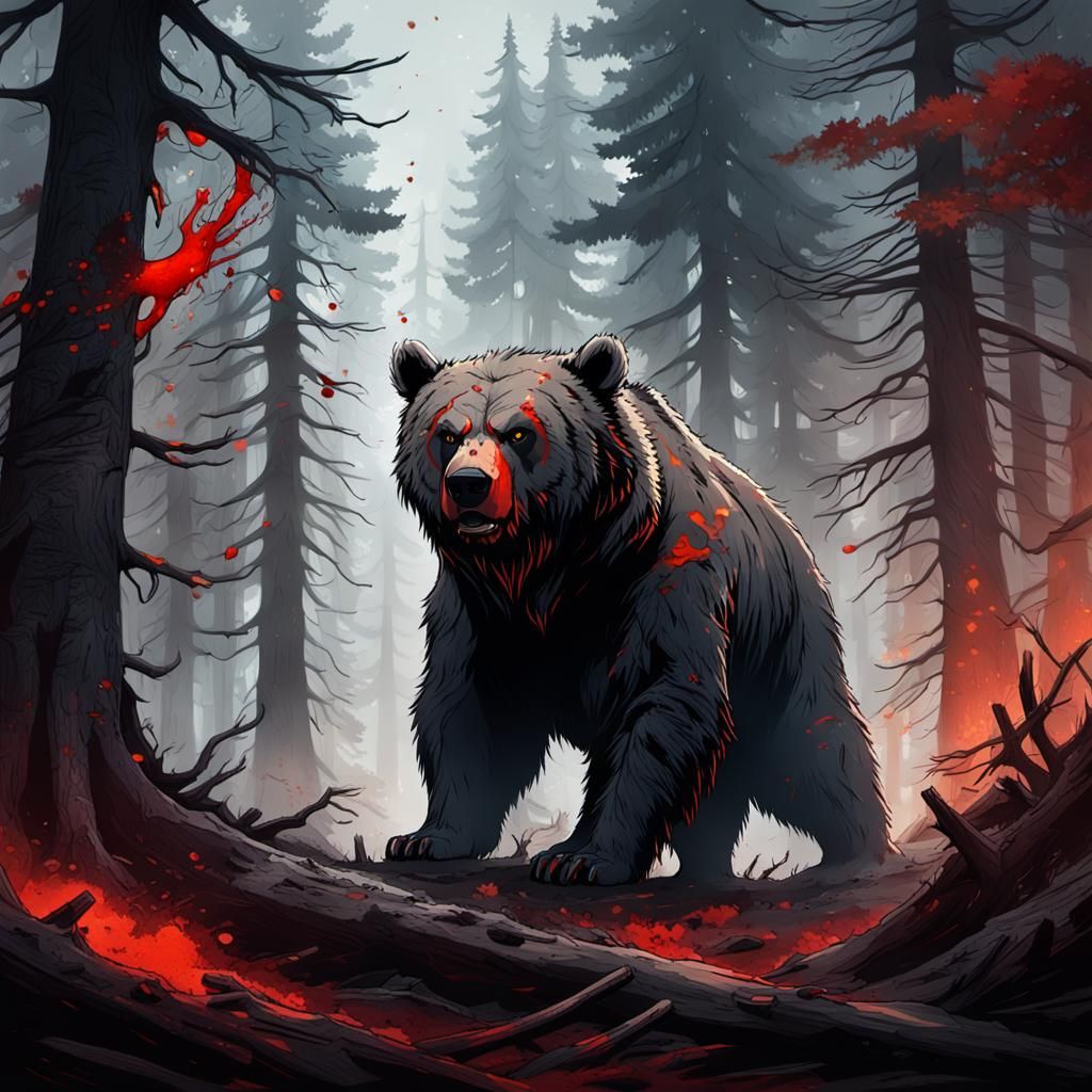 Bloody Bear Ready to Fight in Misty Forest