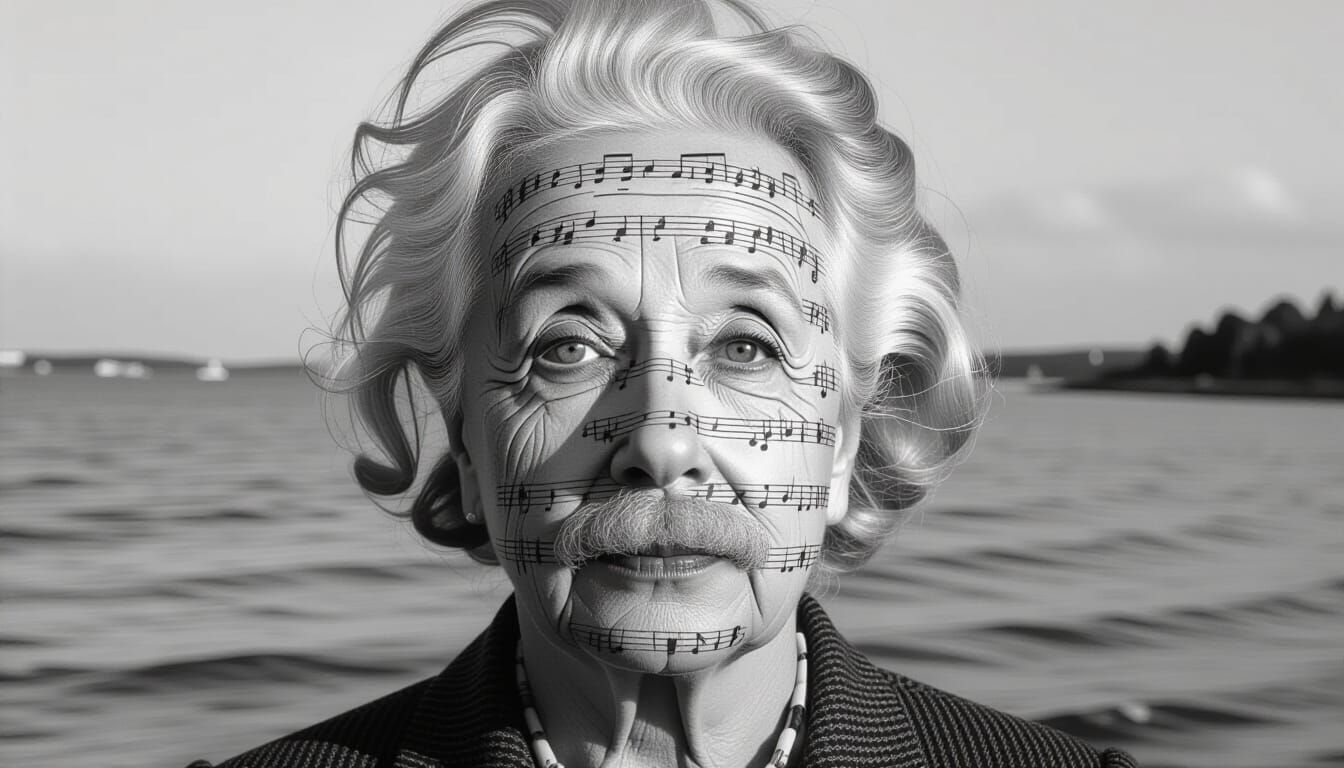 Monochrome Film Portrait with Musical Notation and Text