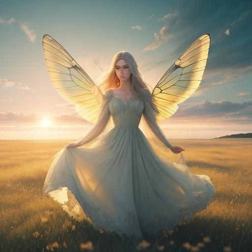 Ethereal Girl with Butterfly Wings in Dreamy Meadow