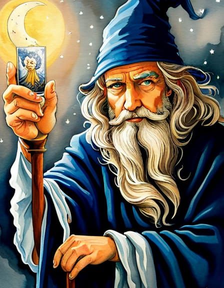 Watercolor Tarot Card of a Magical Wizard