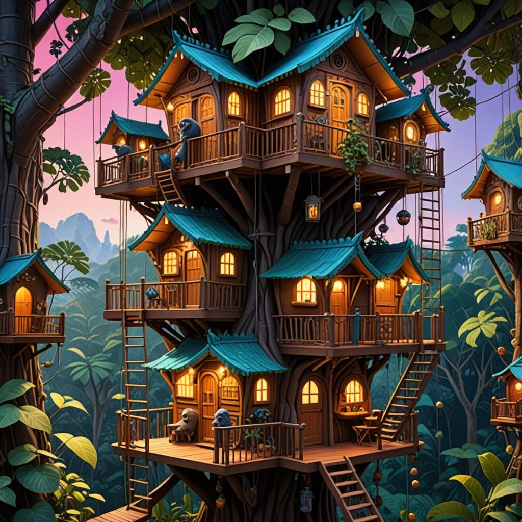Whimsical Treehouse Village Concept Art in Vibrant Geometric...