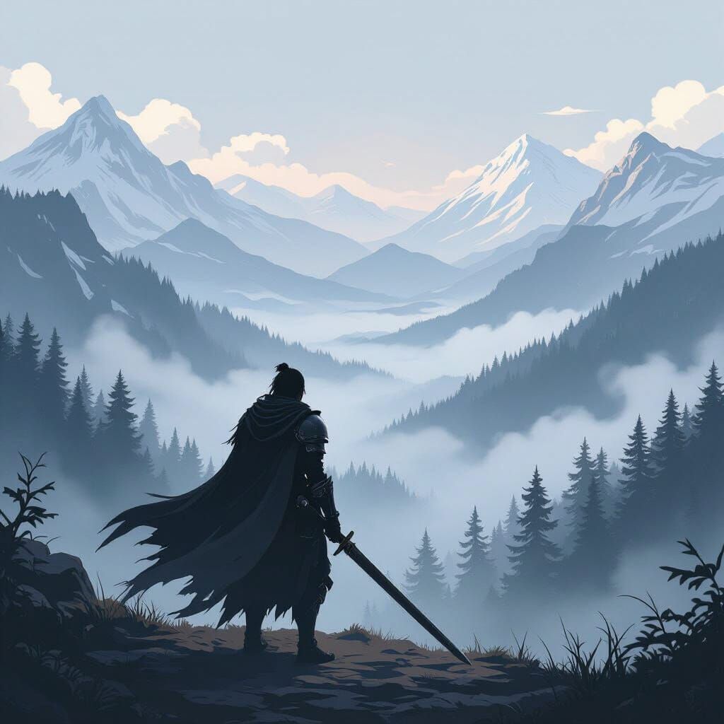 Lone Warrior Overlooks Misty Mountains in Anime Style