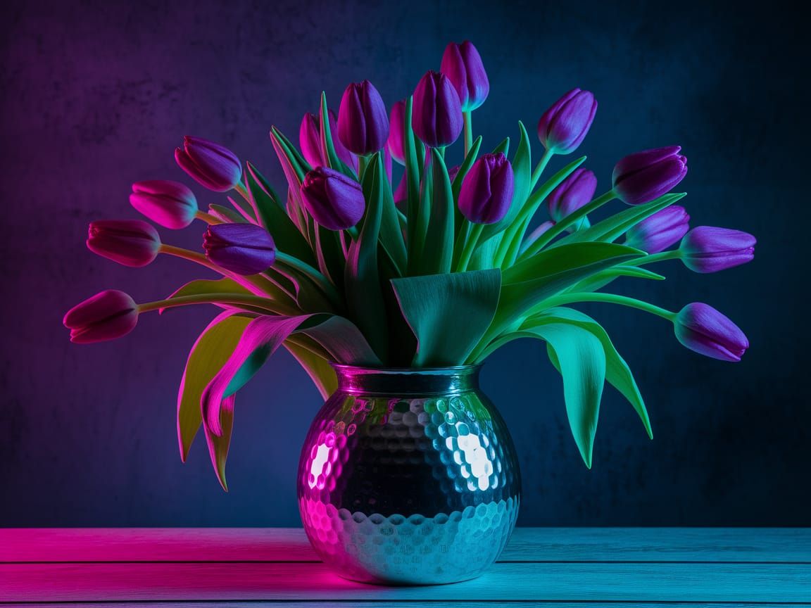 Vibrant Purple Tulips in Neon Lighting