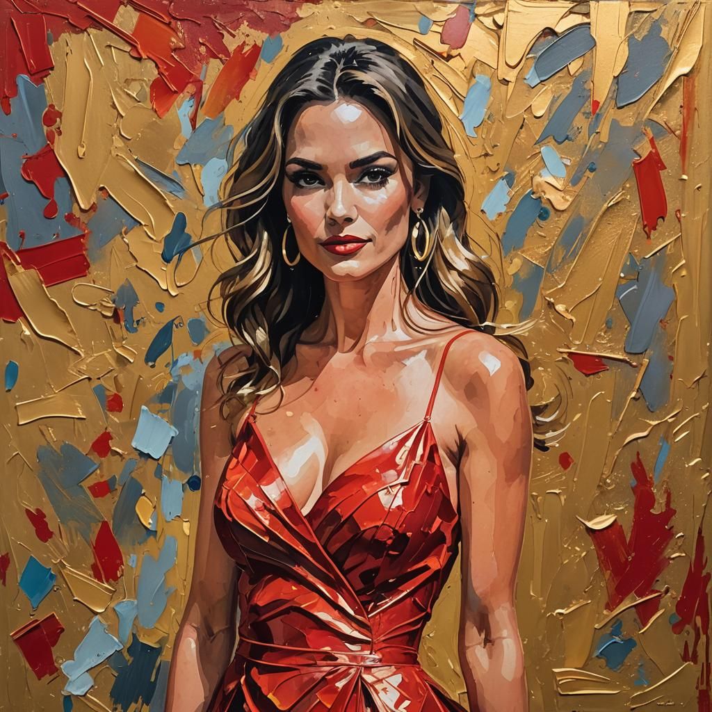 Playboy Model in Red Dress as Gouache Painting