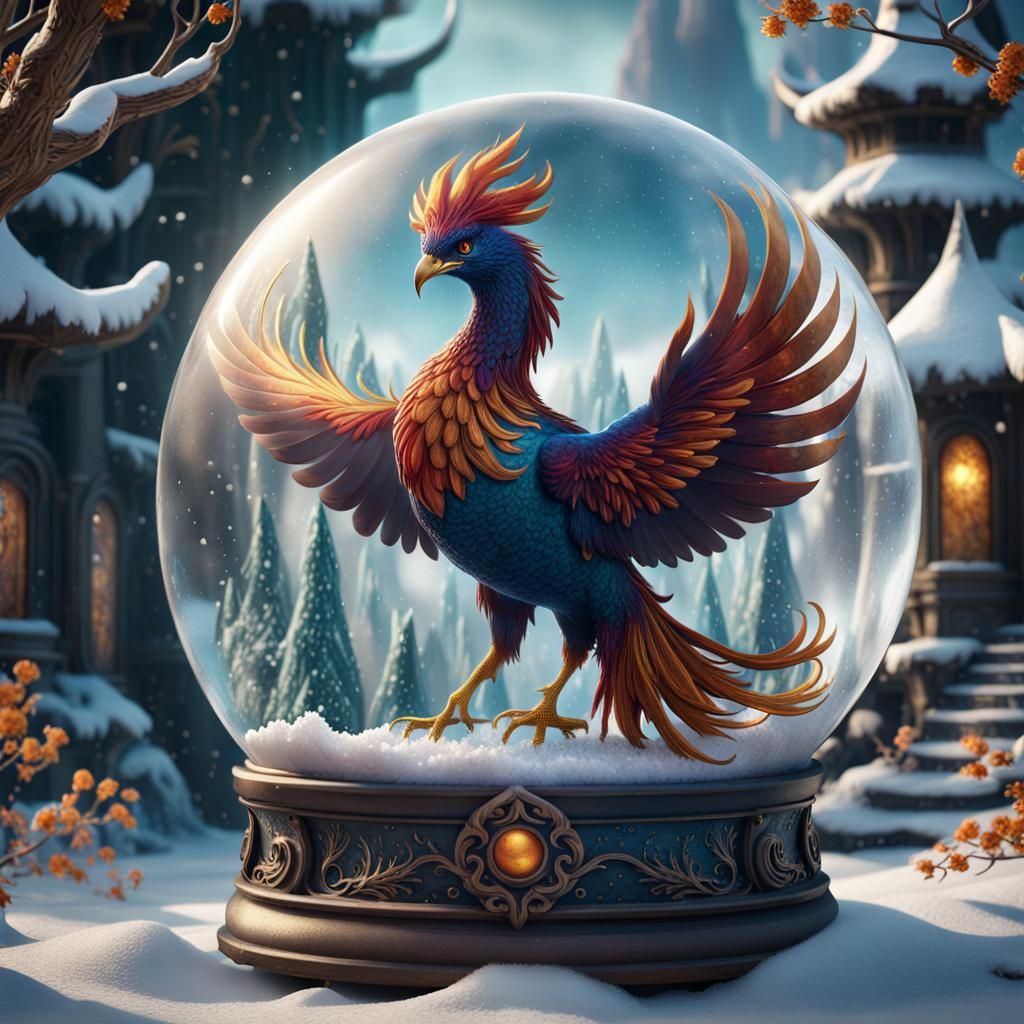 Enchanted Phoenix Snow Globe in Detailed Matte Painting