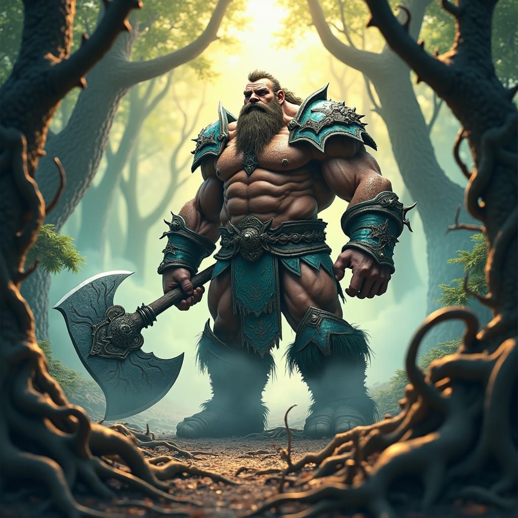 Goliath Barbarian in Mystical Forest, Epic Fantasy Art
