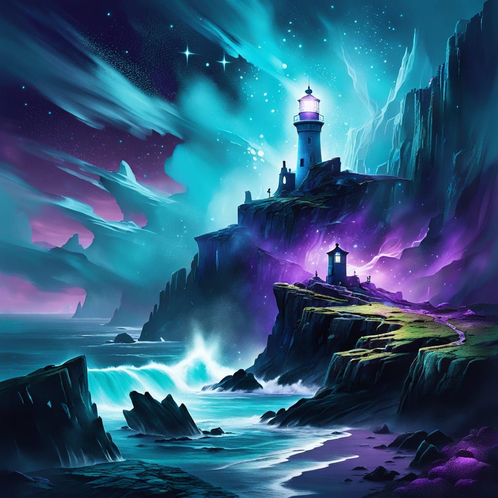 Mystical Lighthouse on Cliffs in Magic Realism