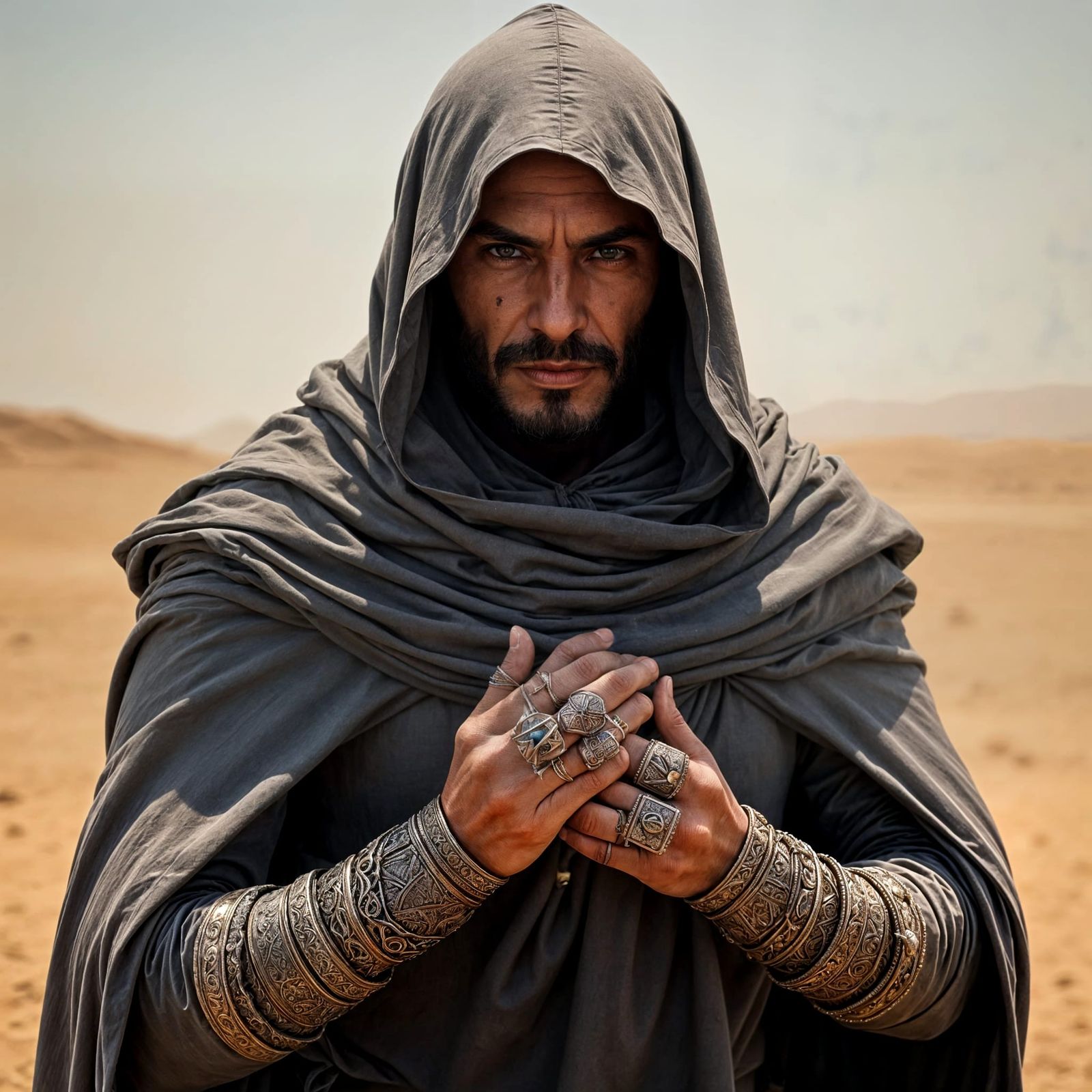 Mysterious Desert Warrior in a Gray Cloak