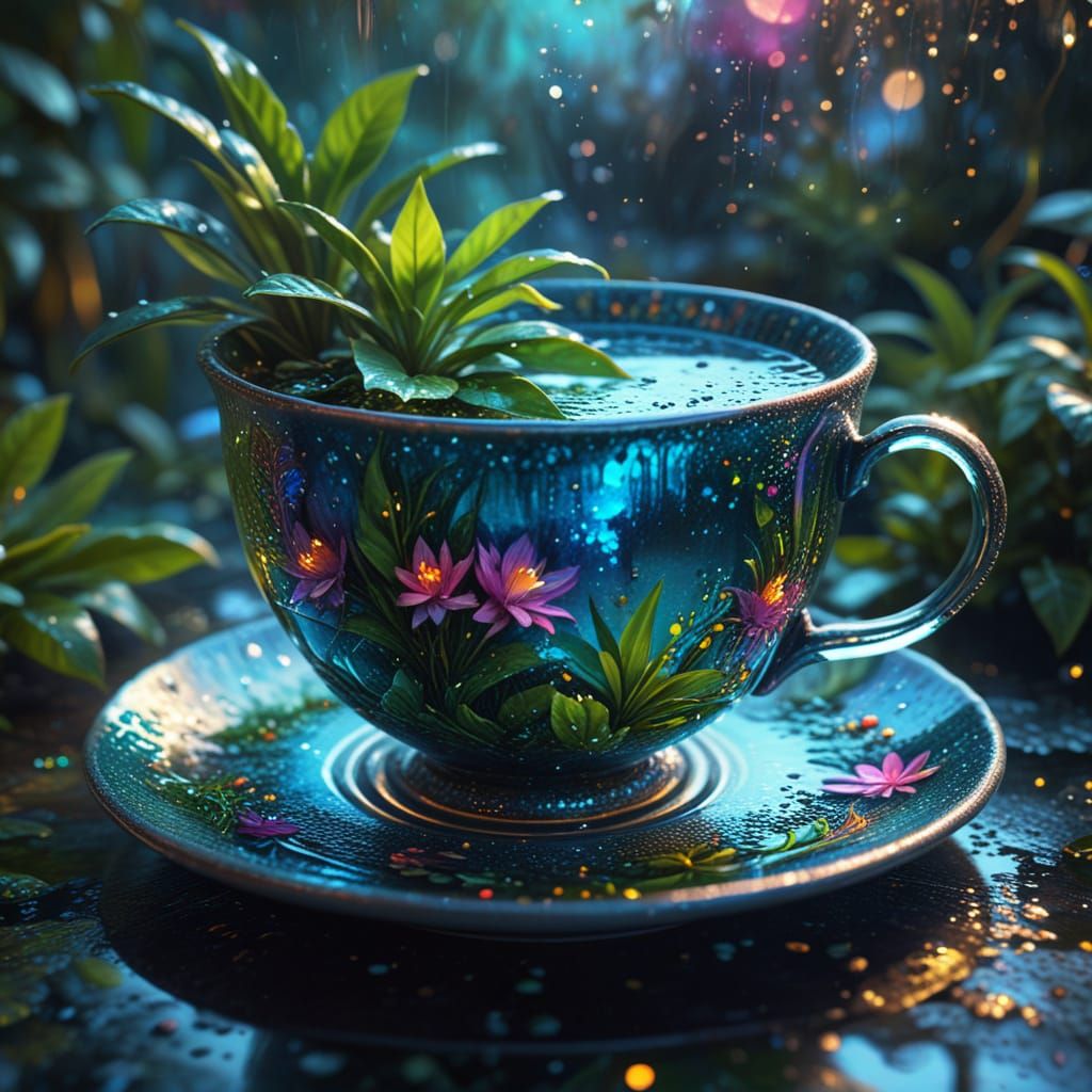 Surreal Teacup Overflowing with Exotic Plants