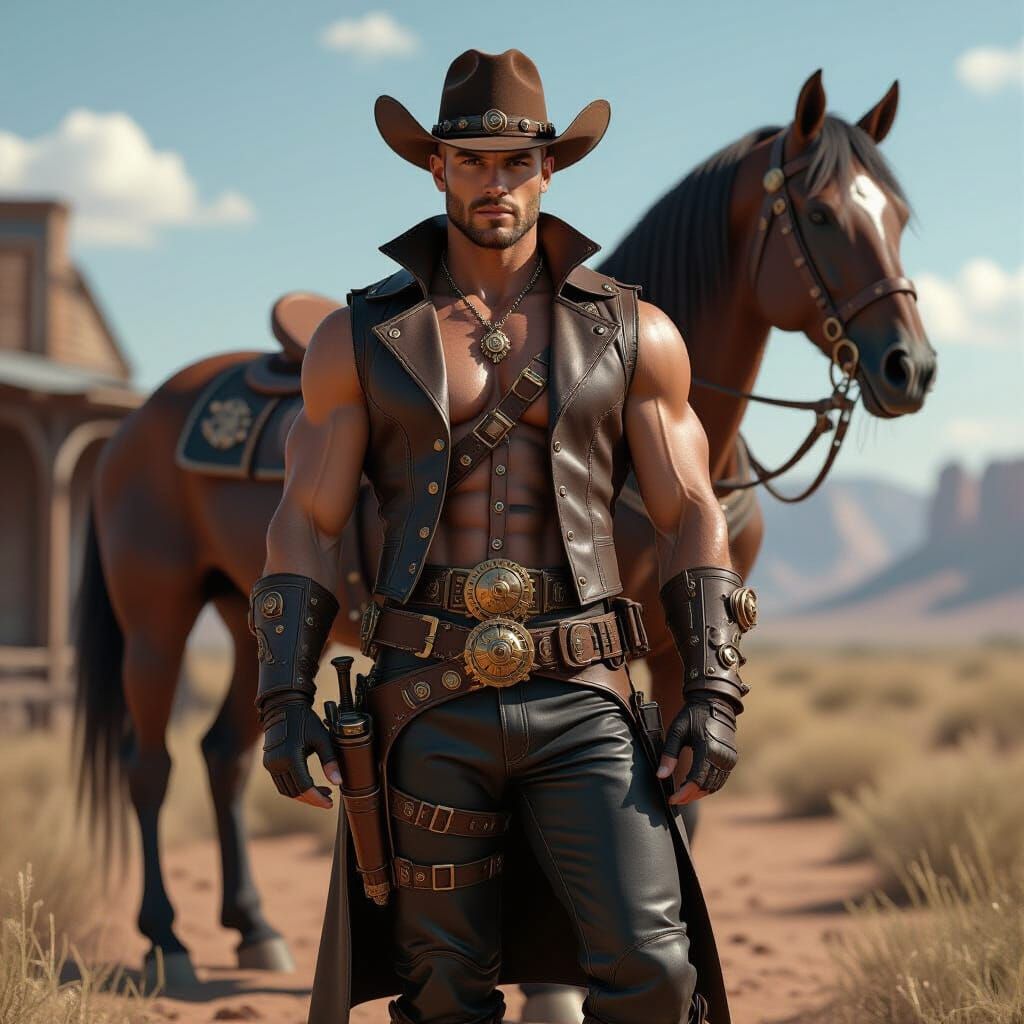 Steampunk Cowboy Leaning on Metal Horse in Wild West Scene