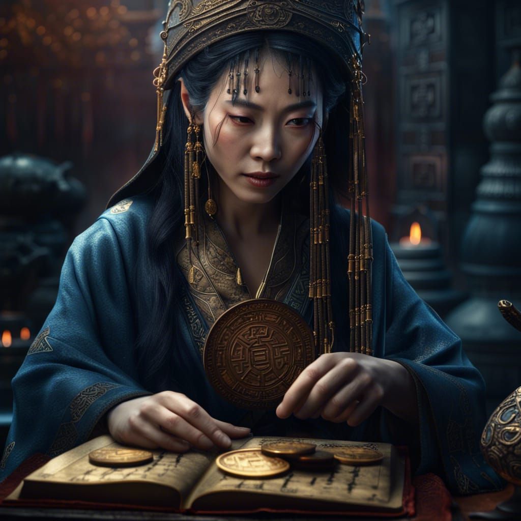 Chinese Sorceress Reading I Ching in Photorealistic Style