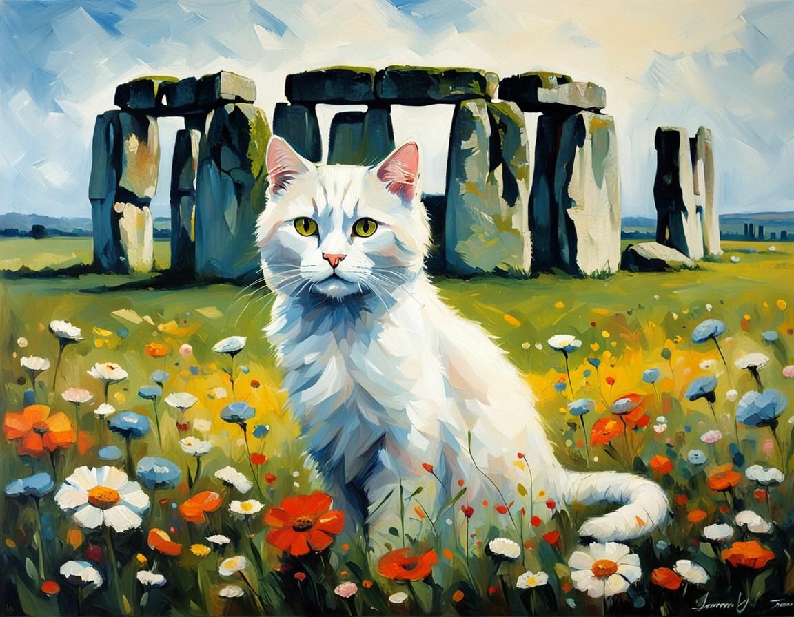 Cat in Meadow near Stonehenge, Turner Style
