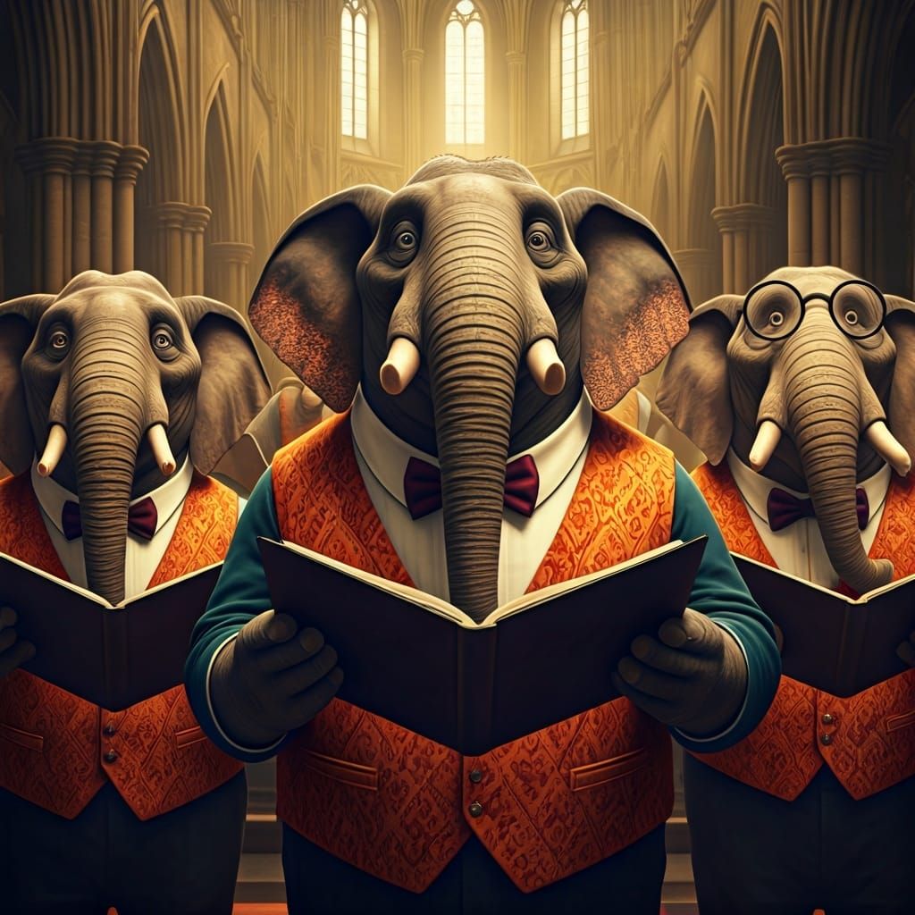 Cathedral Choir of Joyful Cartoon Elephants