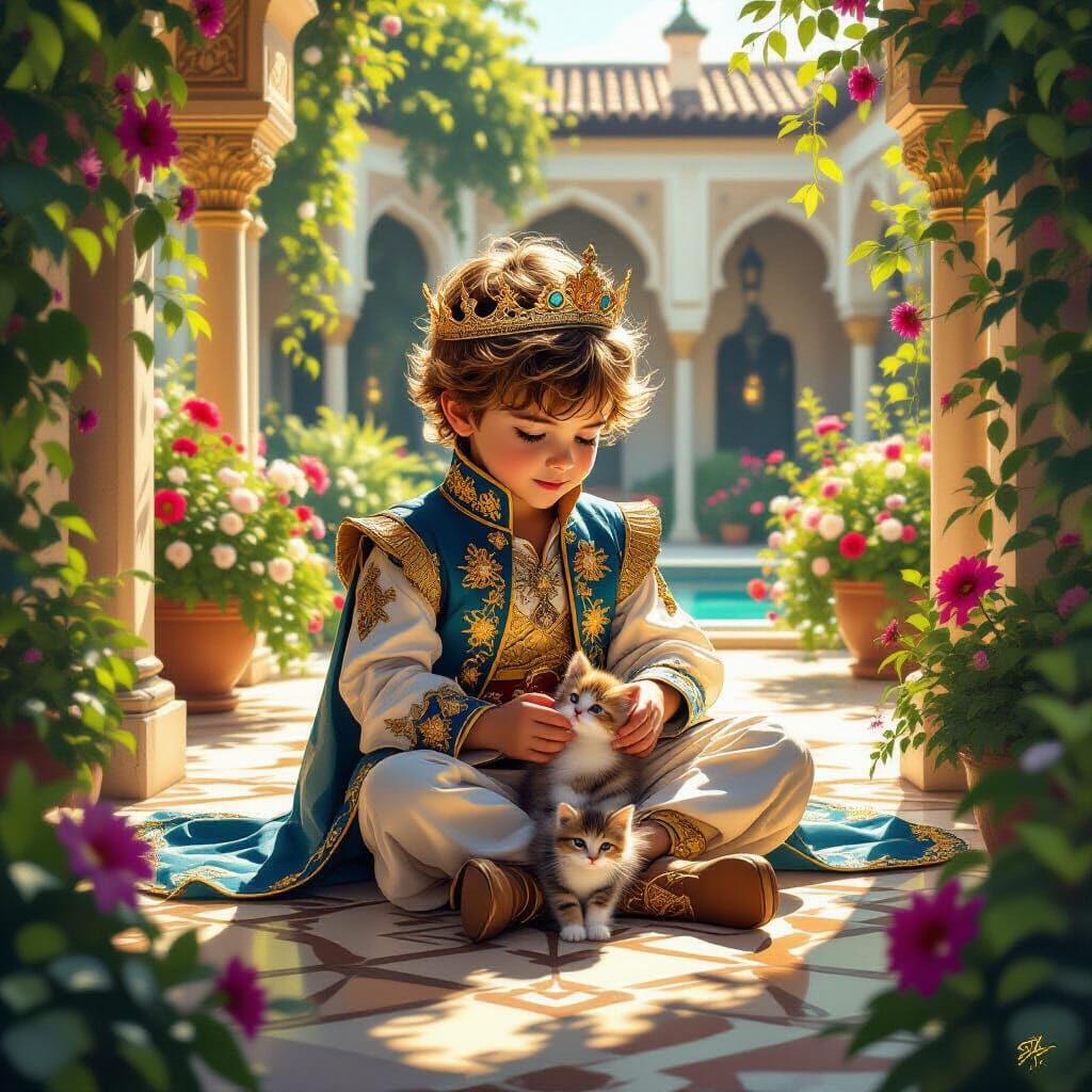 Boy Prince Plays with Kitten in Surreal Palace Courtyard