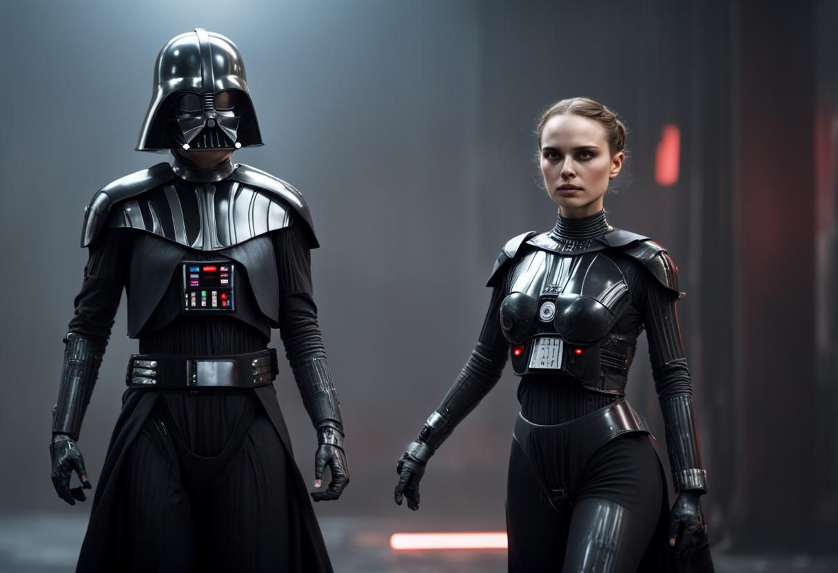 A photograph of a full body Natalie Portman as a re-constructed cyber android, loving embracing Darth Vader, satisfied l...