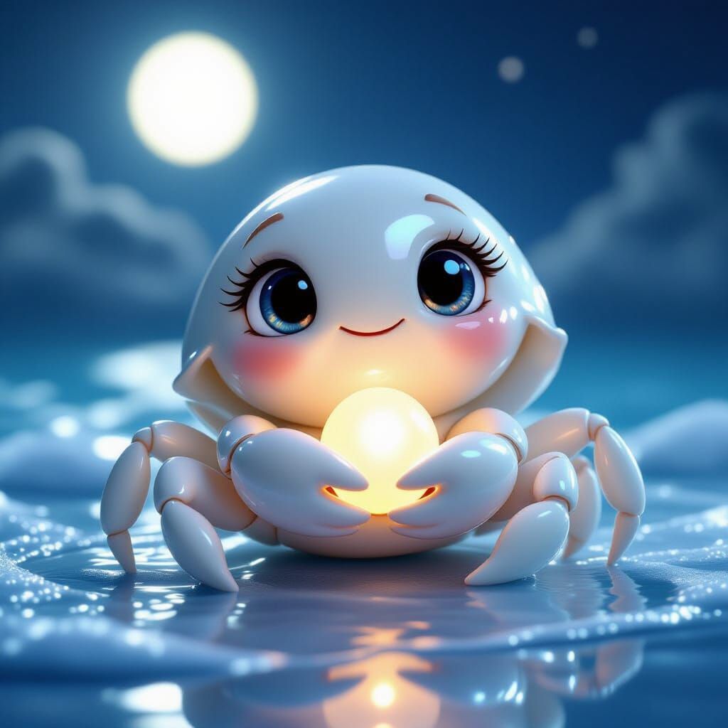 Adorable Baby Crab Zodiac Art With Moonstone Shell