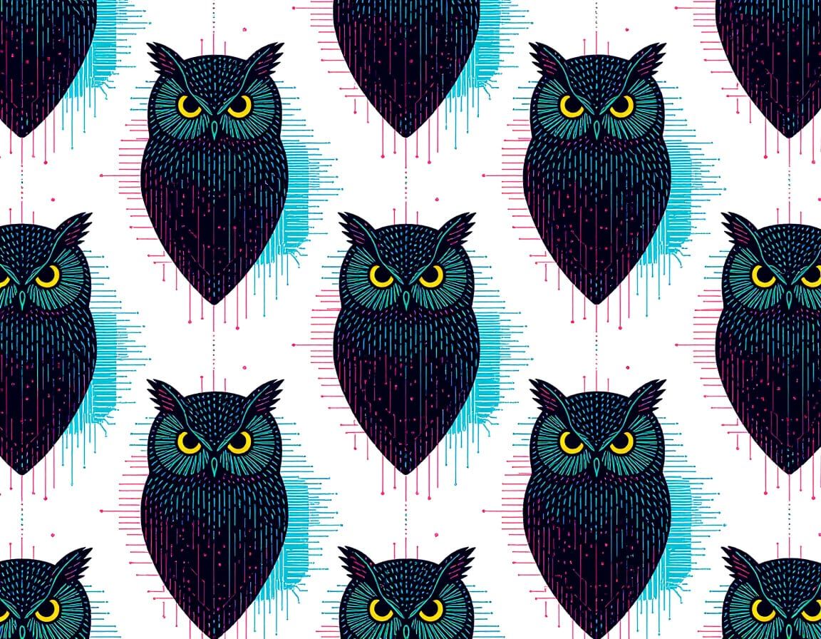 Glitch Art Owls in Repeating Neon Pattern
