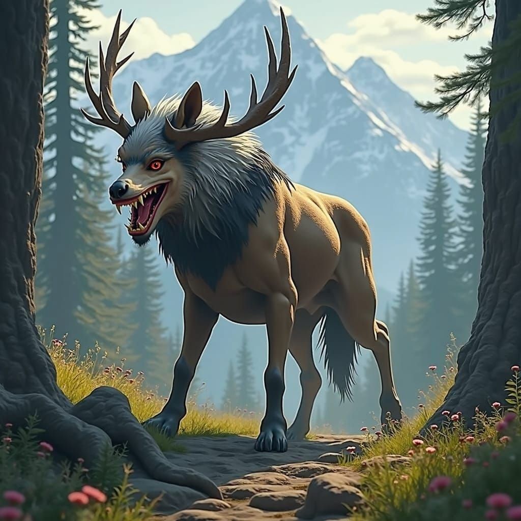 Muscular Wolf-Deer Hybrid in Detailed Matte Painting
