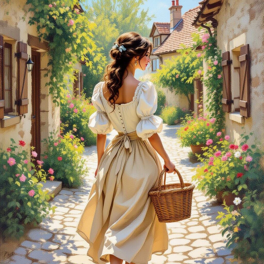 Village Scene: Woman with Basket in Golden Light