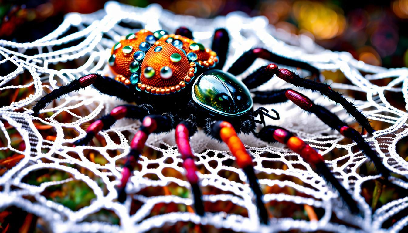 Bejeweled Lace Spider Captures Scarab Beetle