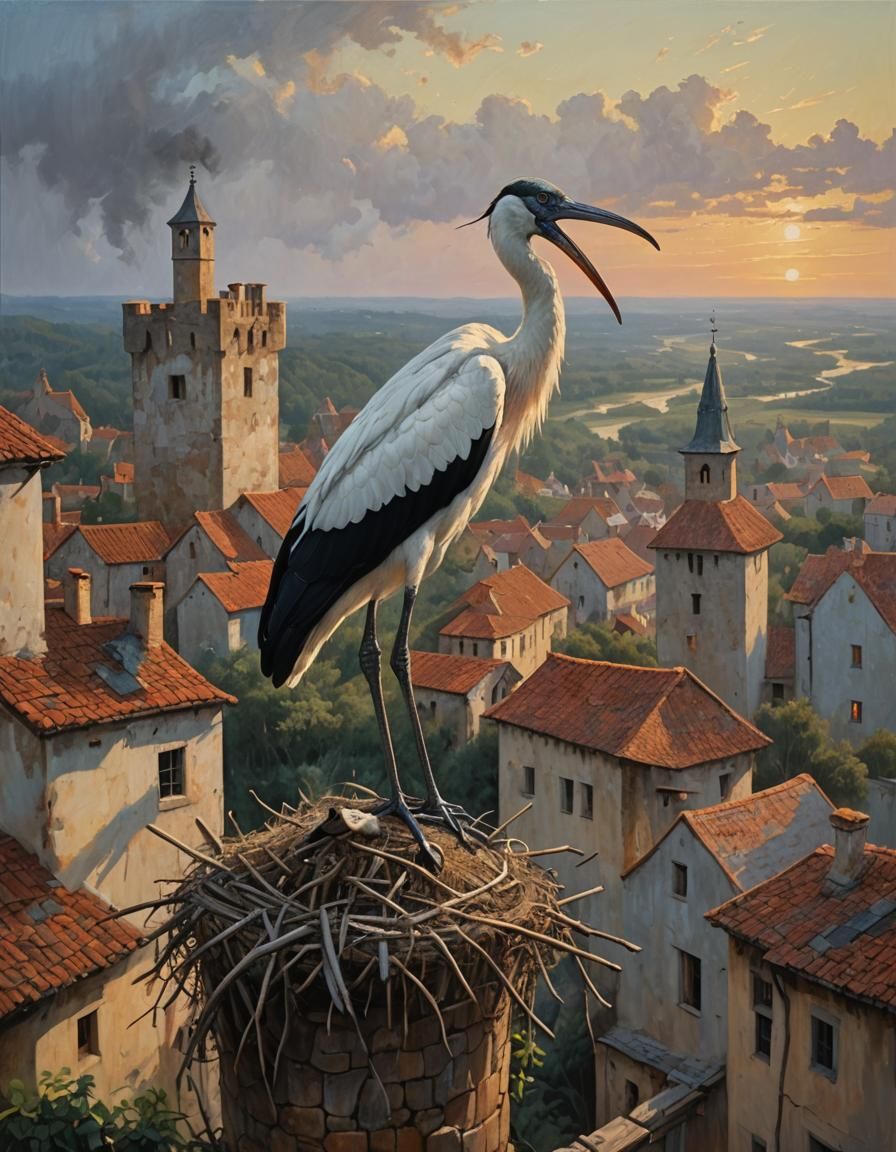 Wood Stork Nest in Medieval Town as Oil Painting