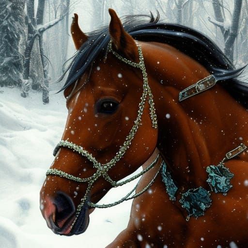 Festive Horse in Shimmering Snow, Hyperrealistic Portrait