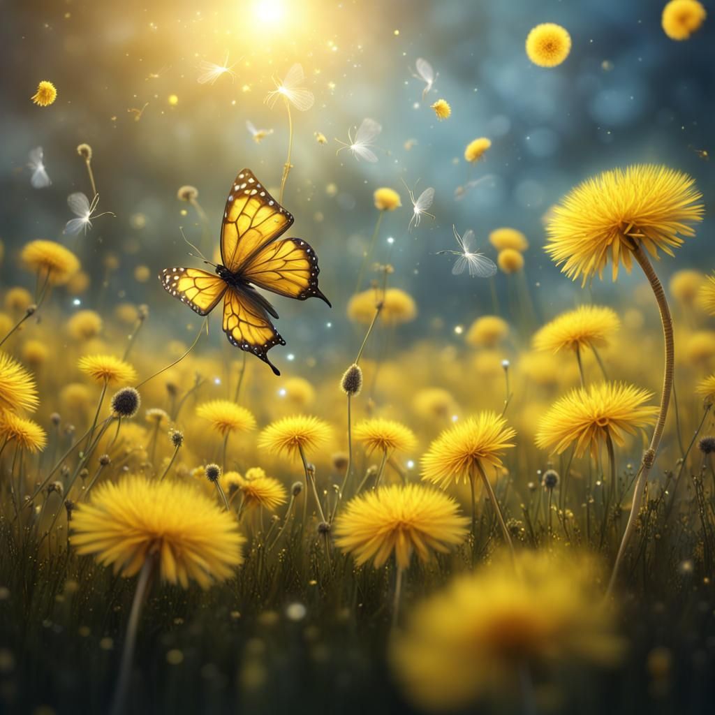 Dandelion Seed Drifting Over Field with Butterflies