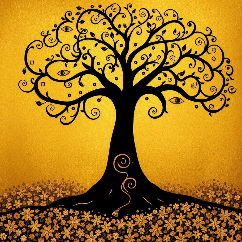 Dreamlike Tapestry of the Tree of Life in Gold and Earth Ton...