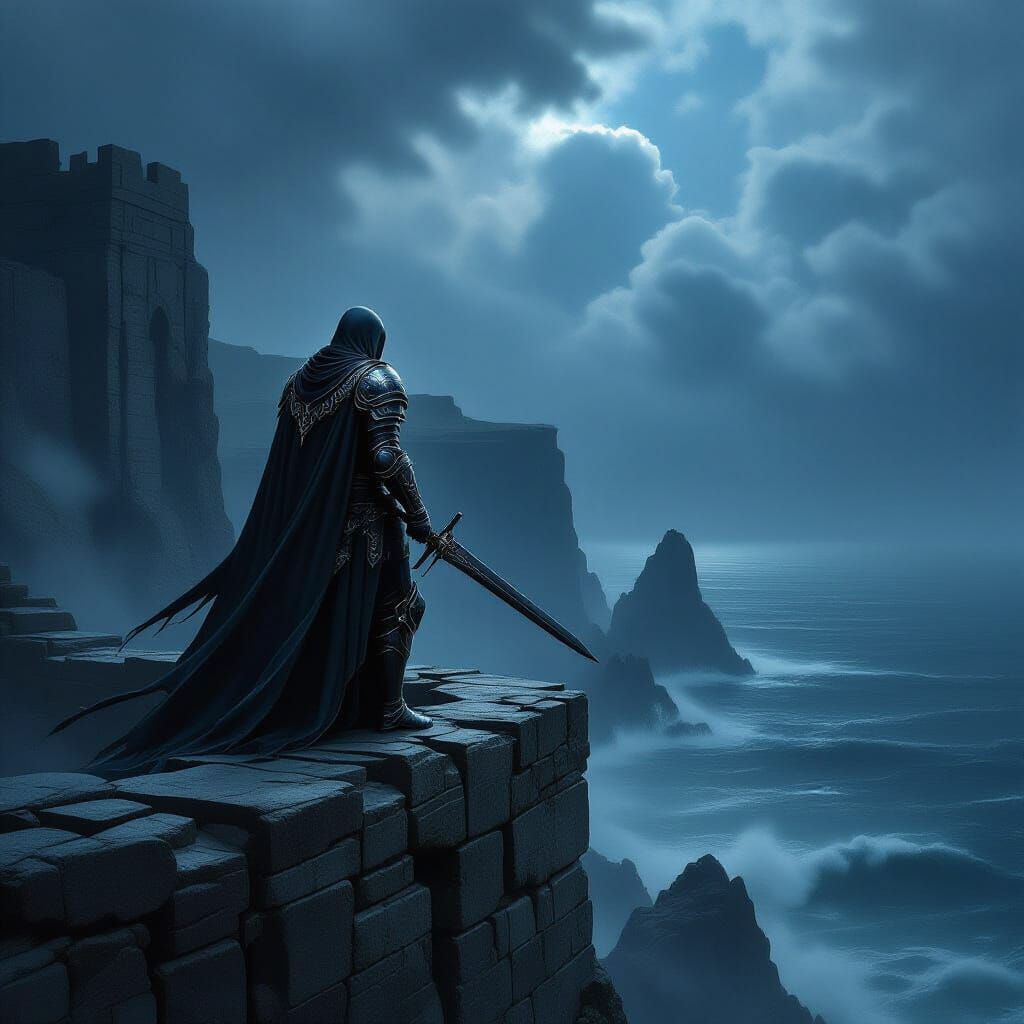 Lone Knight on Parapet Overlooking Stormy Sea