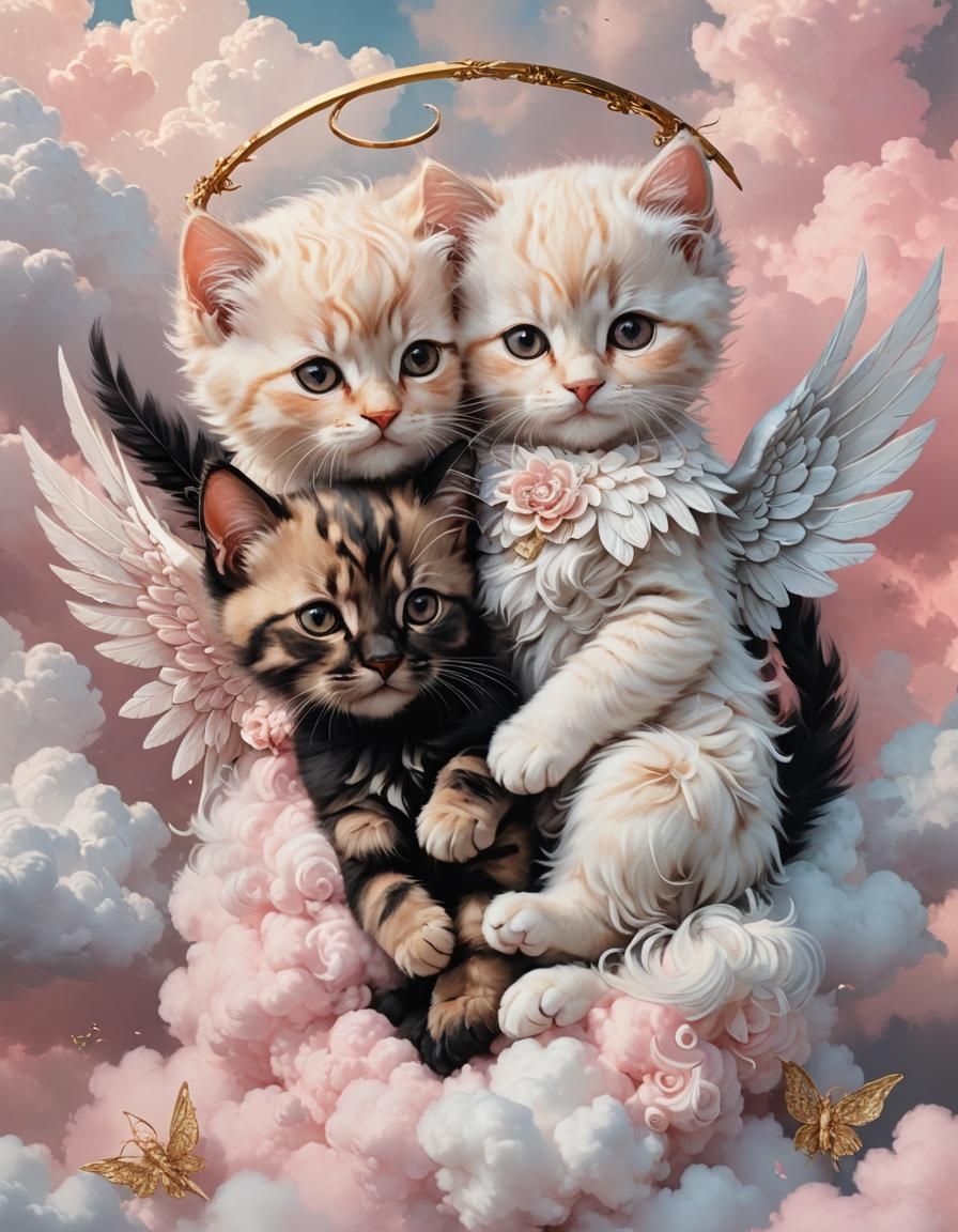 Angel Kittens in Pastel Pink Clouds: Digital Airbrush Art