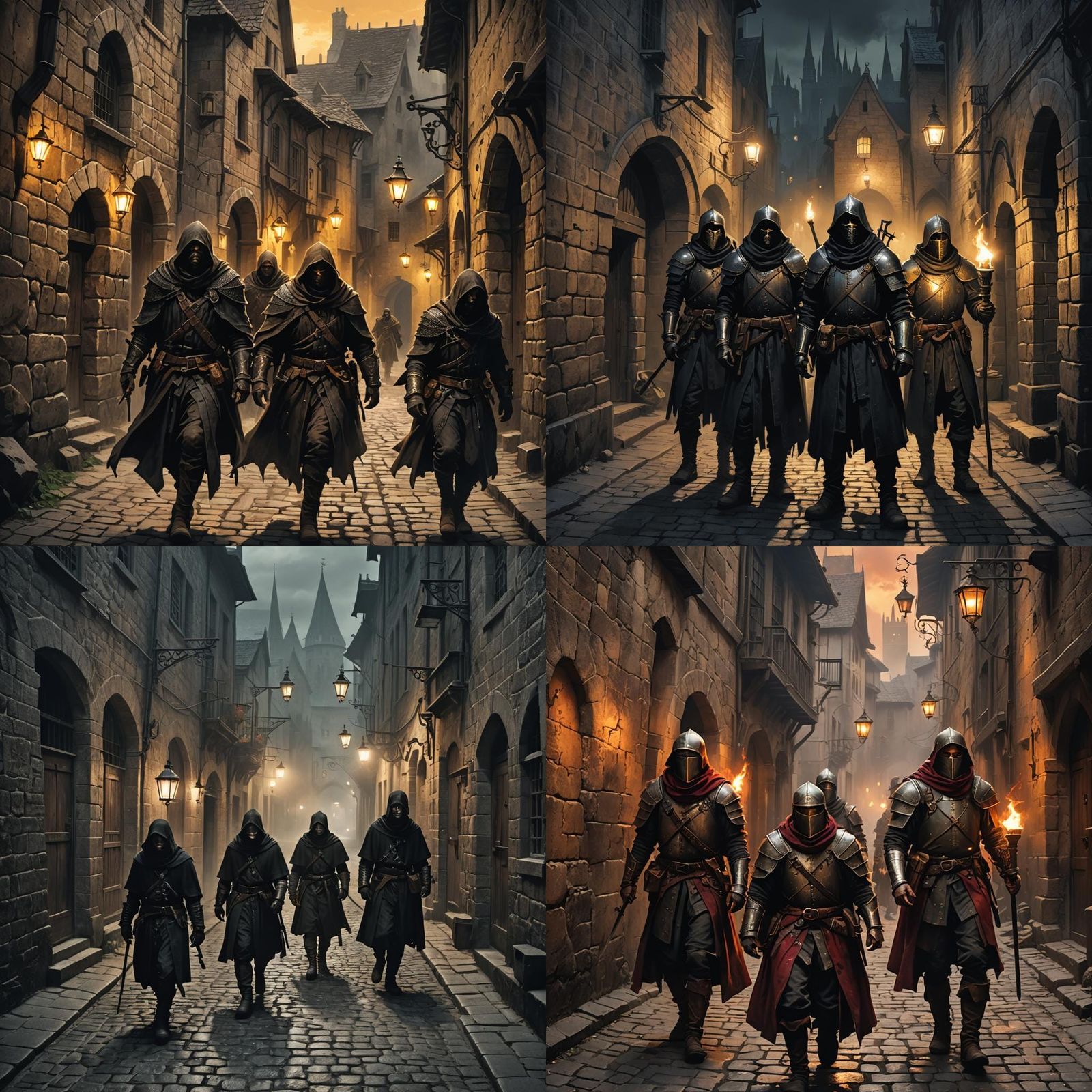 Medieval Bandits in Dark Cityscape