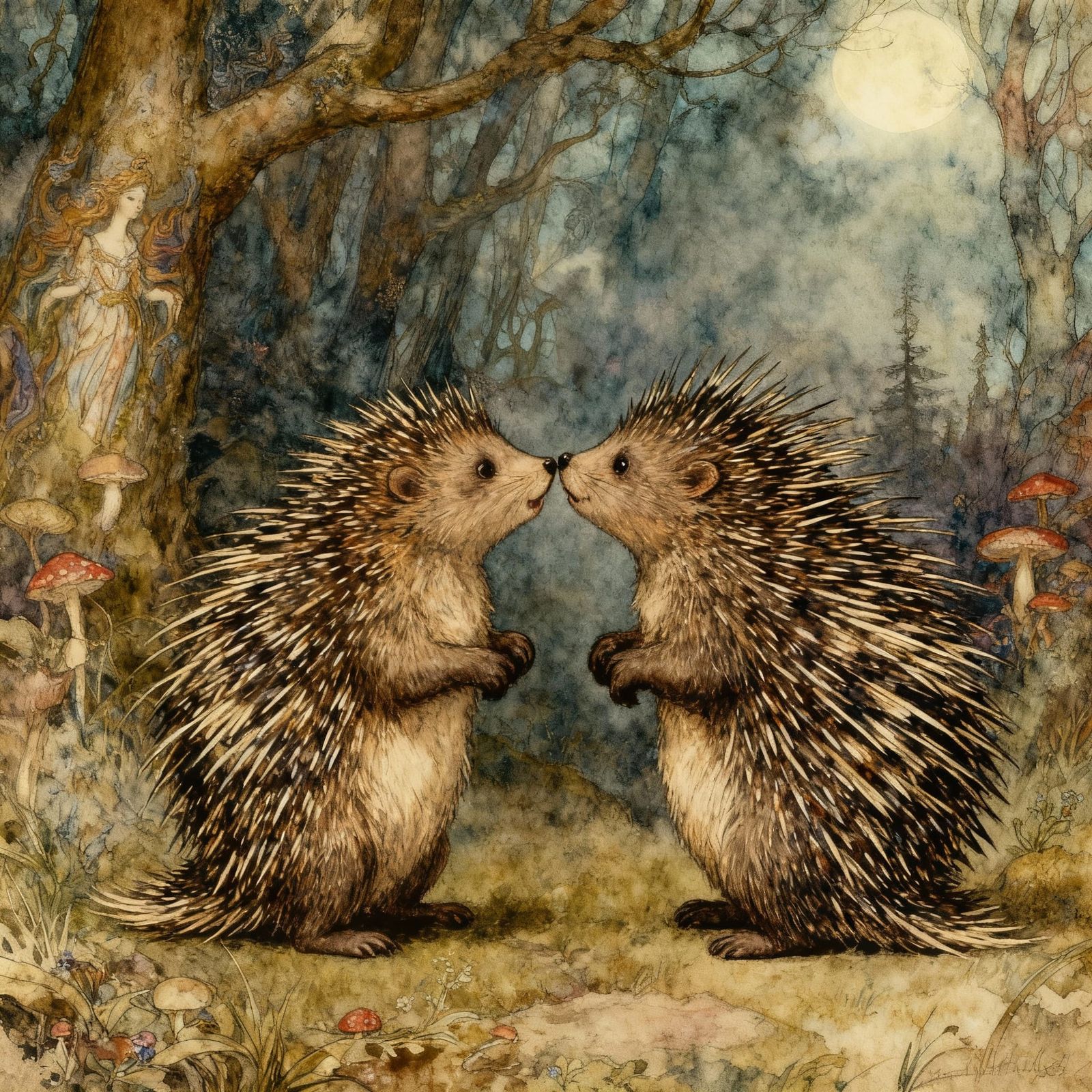 Whimsical Porcupines Under Moonlight in Bromoil Print Style