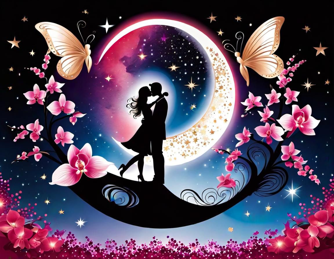 Romantic Kiss Silhouette with Floral Accents