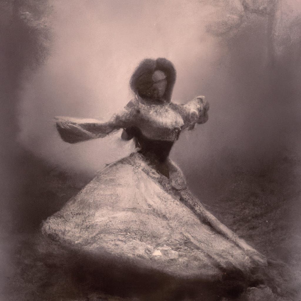 Victorian Woman Dancing Alone in Foggy Ballroom