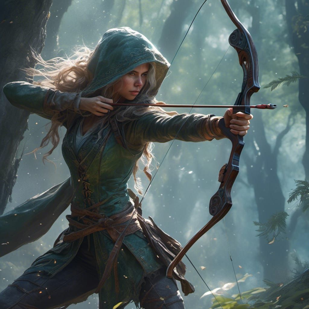 Hyperrealistic Elf Archer in Forest, Close-Up Photo