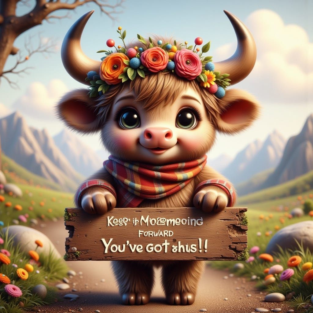 Cute Highland Cow with Sign in Dreamy Landscape