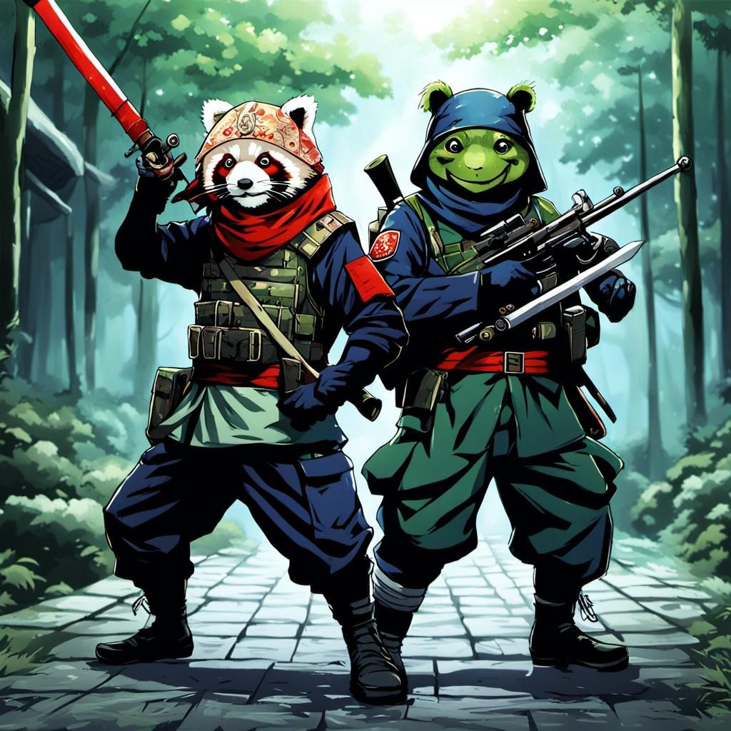 Red Panda Soldier and Frog Ninja in Anime Style