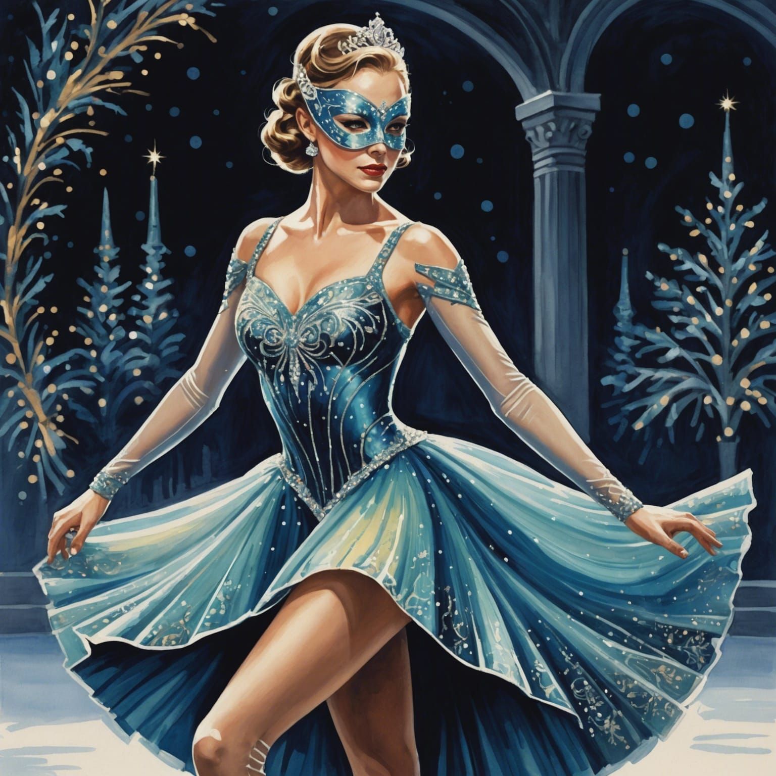 Masked Skater in Sparkling Dress: Fantasy Gouache Art