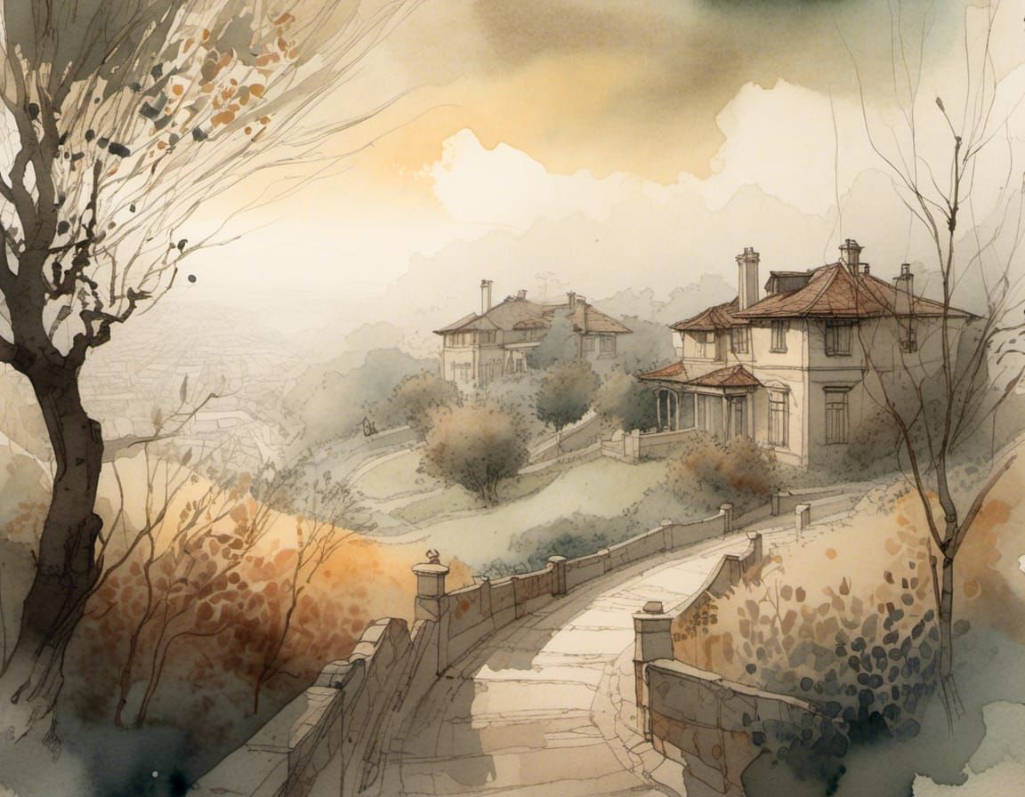 Misty Dawn Over Cherry Orchard in Watercolor Style