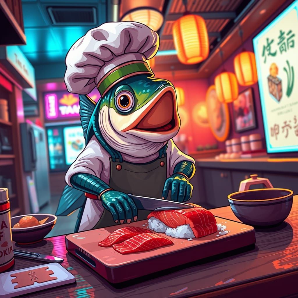 Fish Chef Filleting Salmon in Tokyo, Digital Art