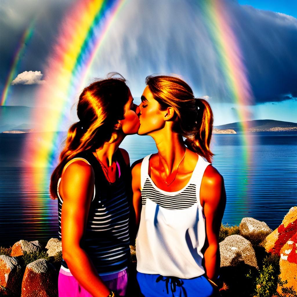 Women Kissing Under Rainbow on Lesbos Island