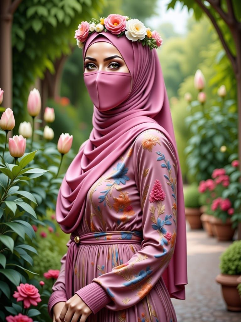 A Beautiful Hijabi Woman in a Botanic Garden
