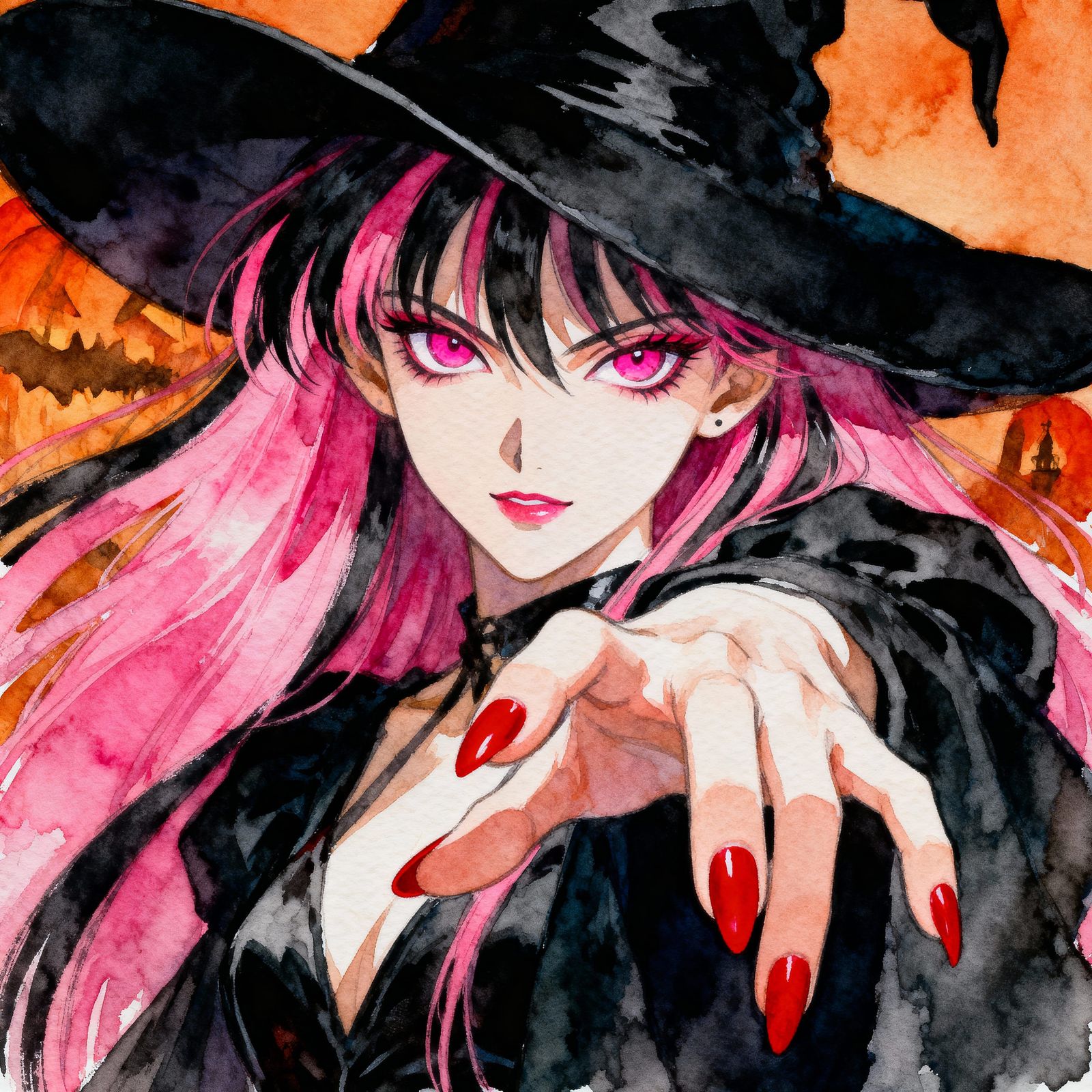 Anime Witch with Pink Hair and Extended Hand