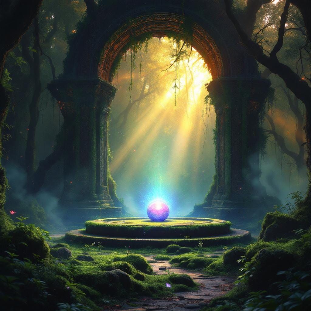 Ethereal Orb Above Ancient Altar in Misty Forest