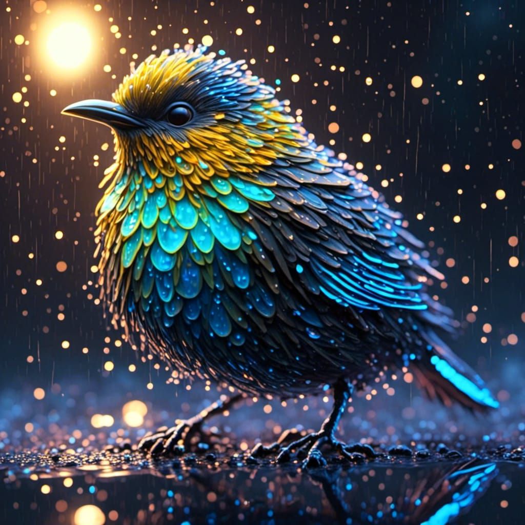Bioluminescent Bird in Rain: Fantasy Artwork