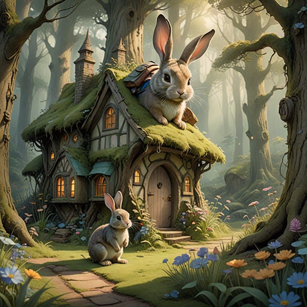 Whimsical Watercolor Bunny Stands at Edge of Enchanted Fores...