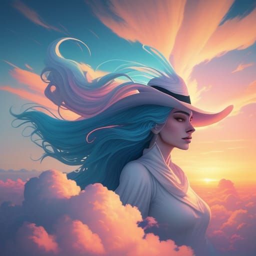 Stylized Figure in Cloud Hat Watches Sunset