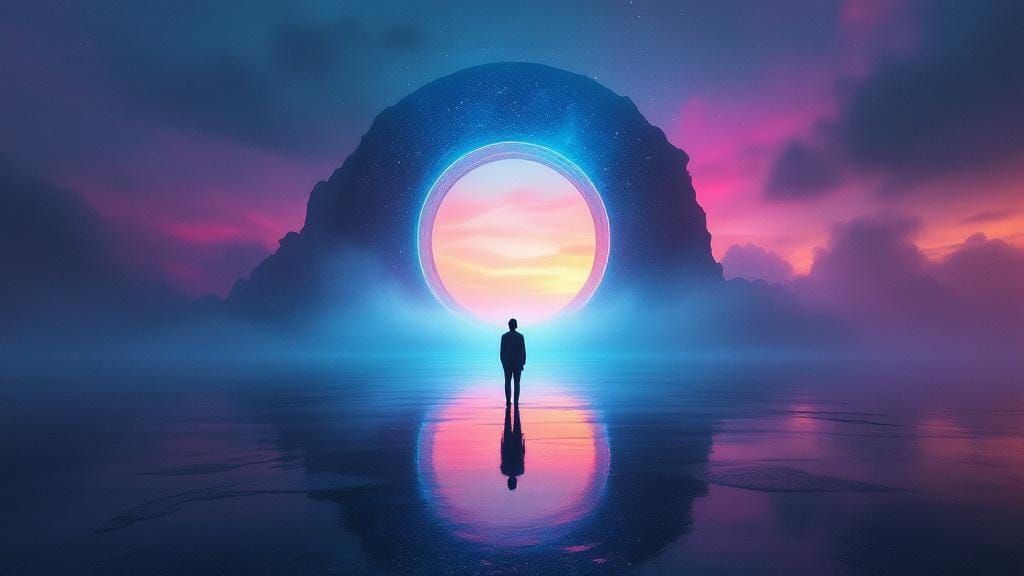 Shimmering Portal Above Serene Lake in Dreamlike Style