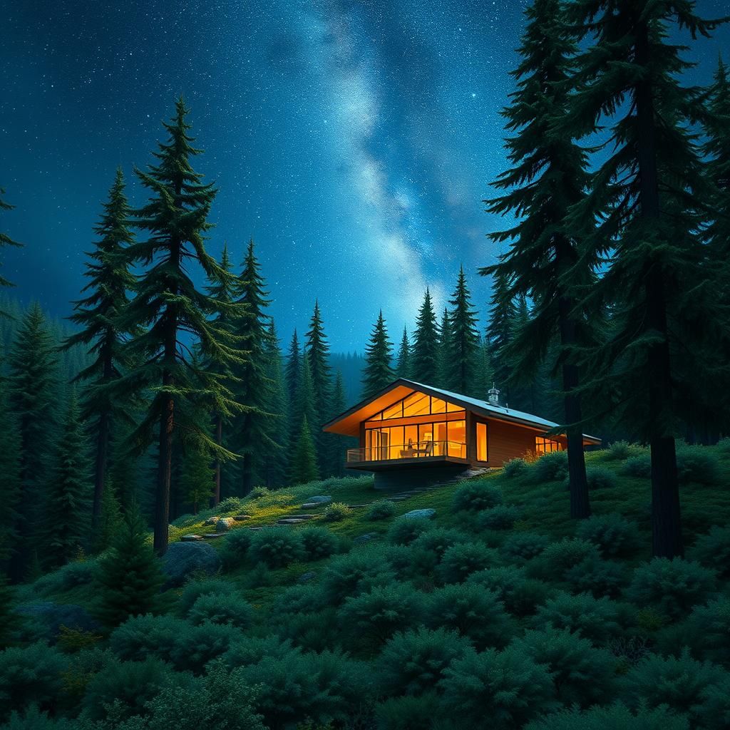 Minimalist Mountain Cottage Reflects Starry Night in 8K